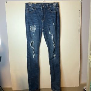 Hollister high rise super skinny ripped blue jeans (size 7R, W28, L30).